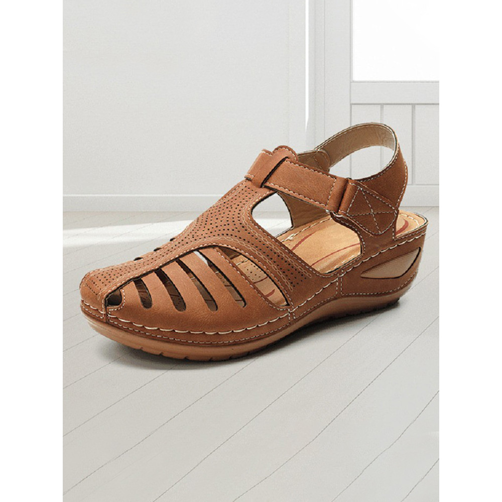 Cutout Round Toe Wedge Heel Comfortable Velcro Sandals
