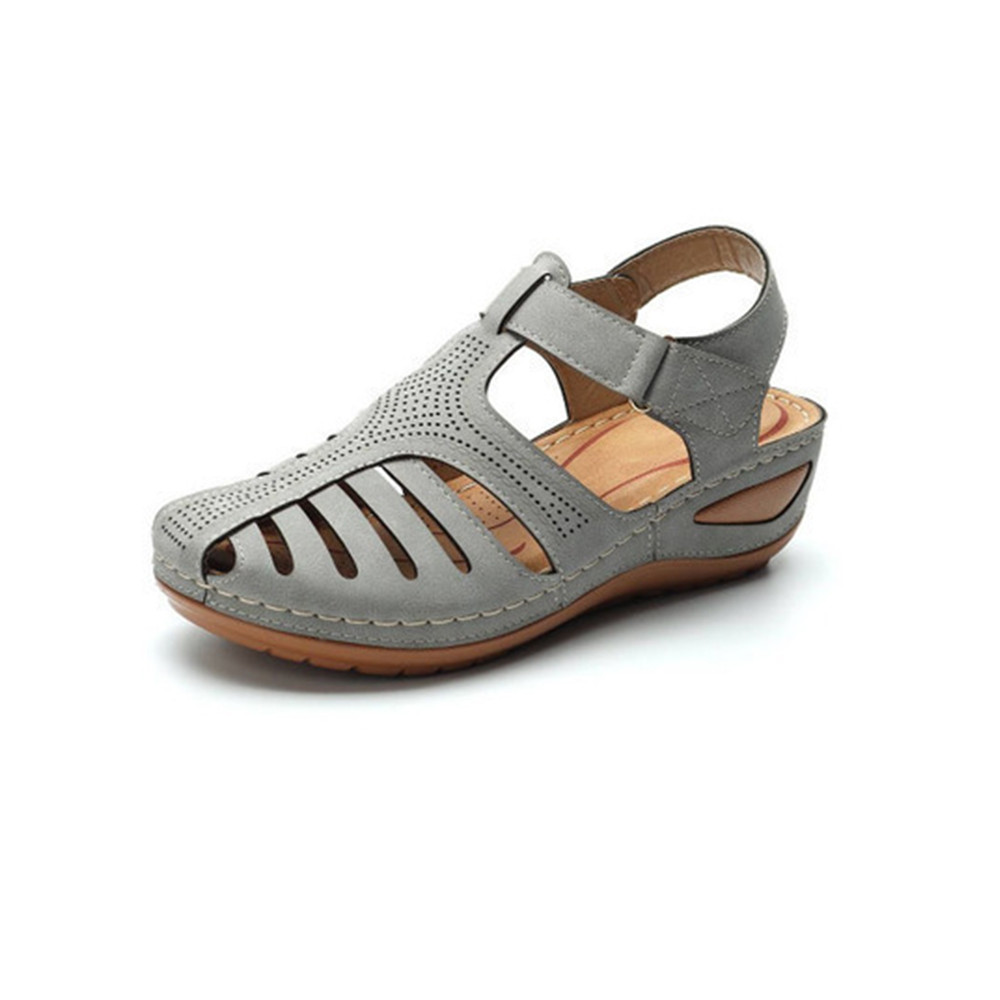 Cutout Round Toe Wedge Heel Comfortable Velcro Sandals