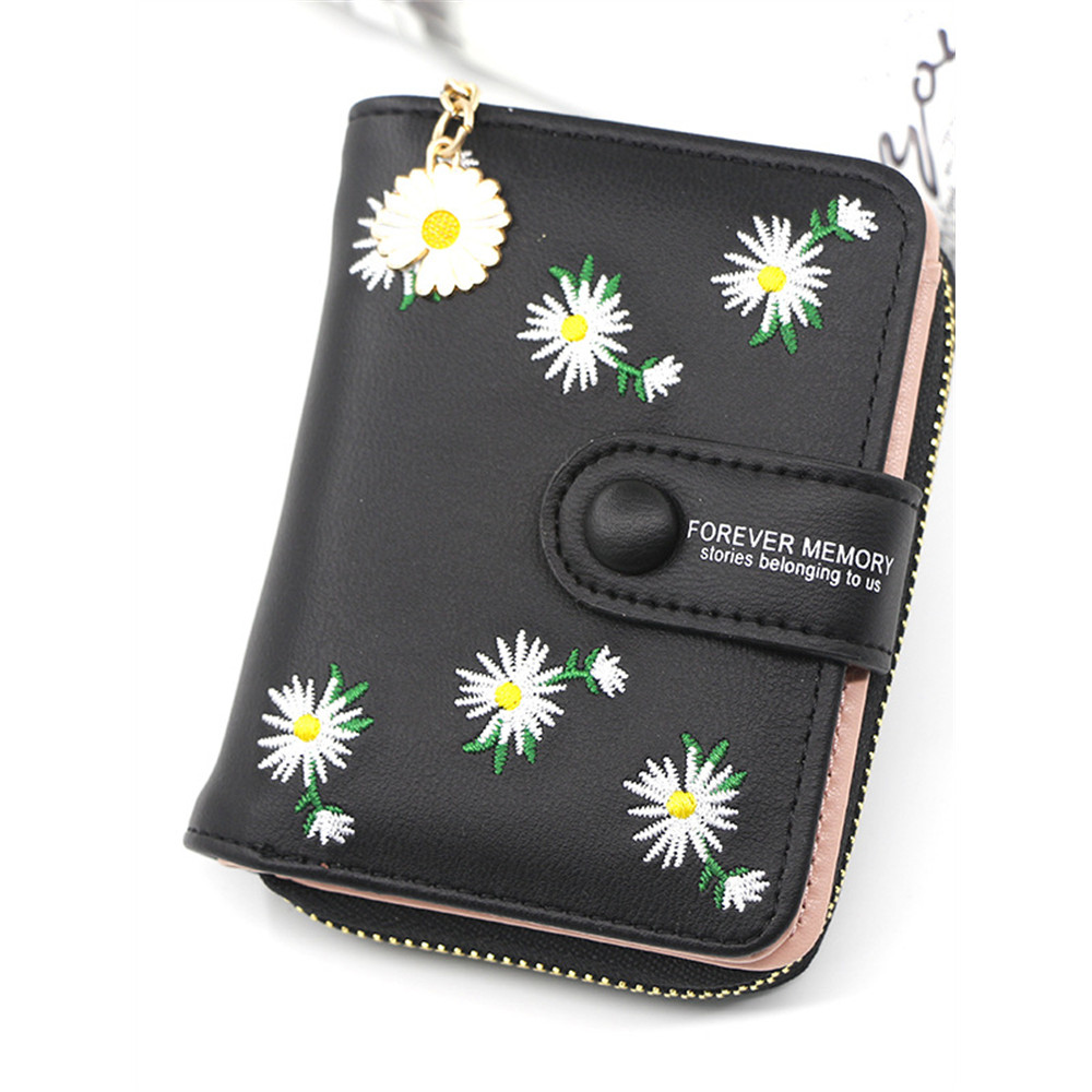 Daisies Embroidered & Daisy Zipper Utility Purse