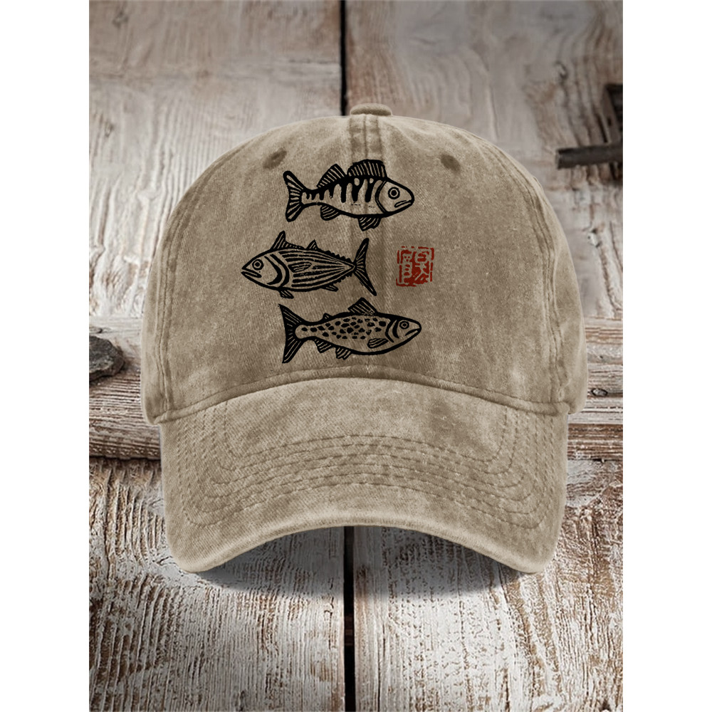 Fish Japanese Lino Art Washed Cap