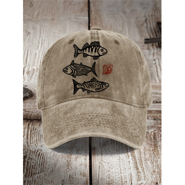Fish Japanese Lino Art Washed Cap