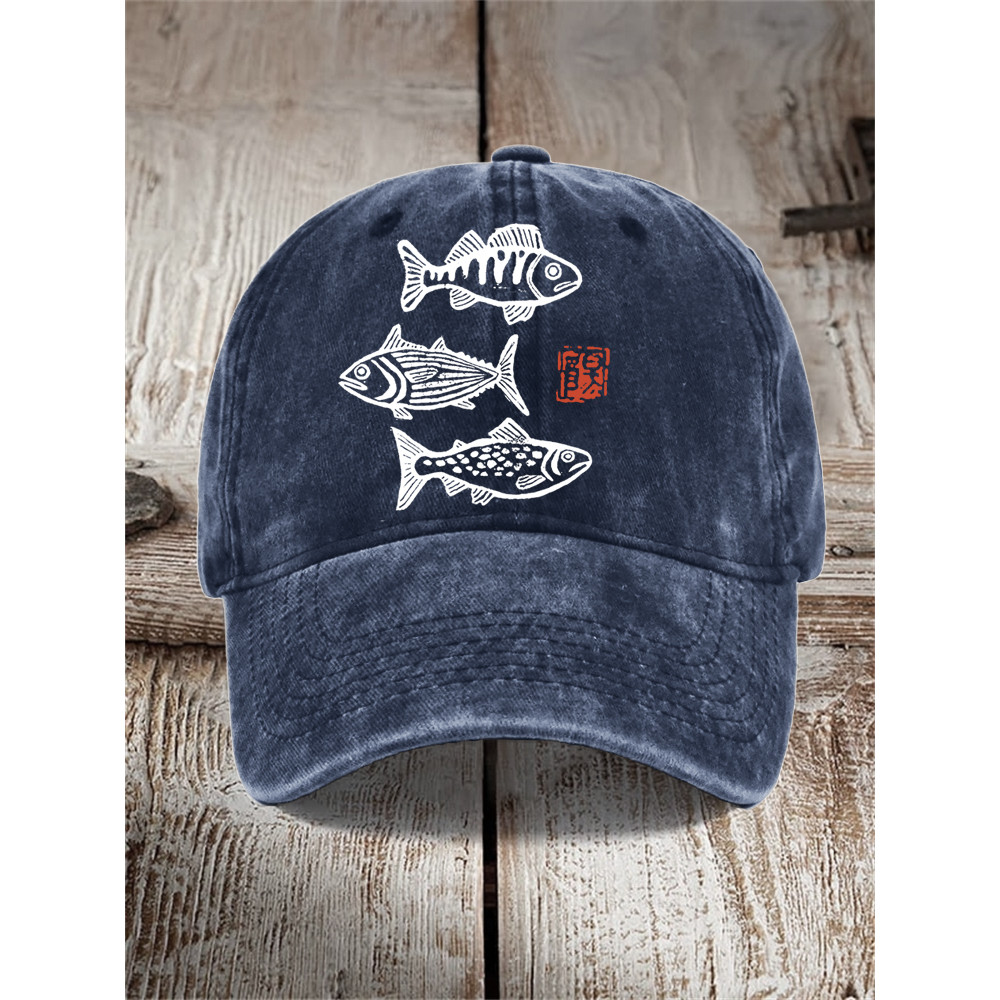 Fish Japanese Lino Art Washed Cap