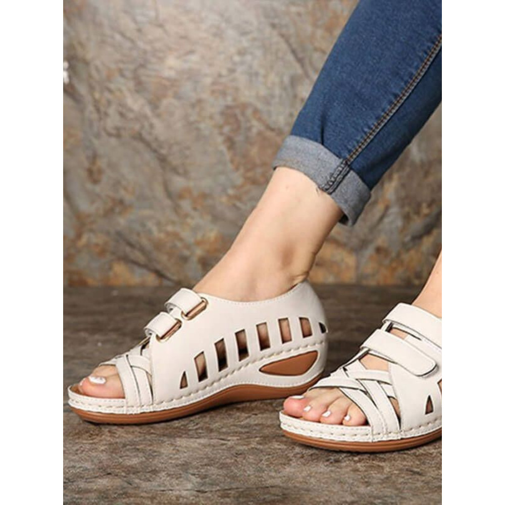 Flat Round Toe Faux Leather Casual Cutout Sandals