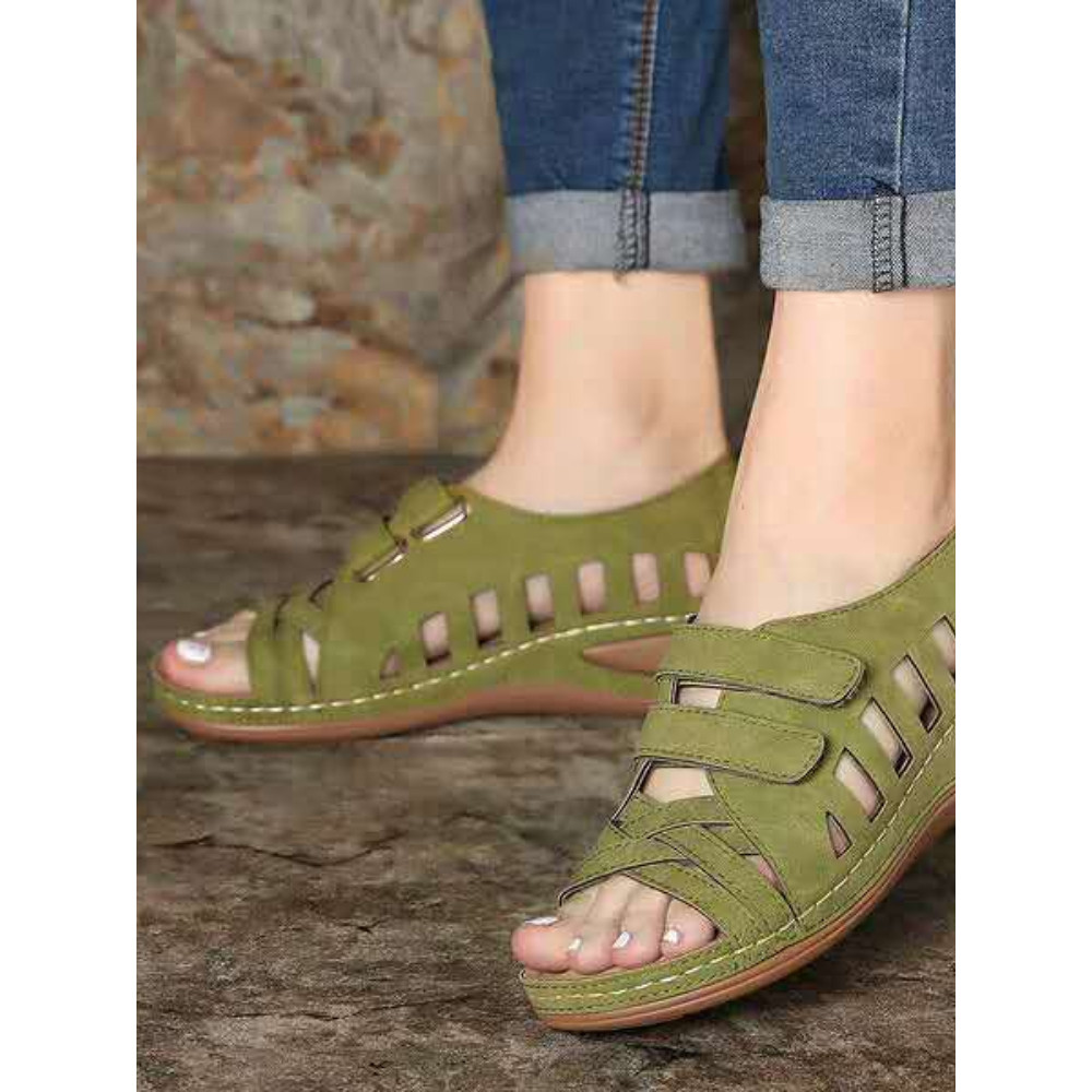 Flat Round Toe Faux Leather Casual Cutout Sandals