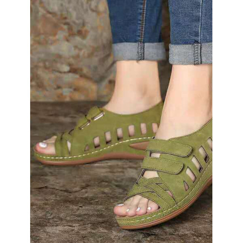 Flat Round Toe Faux Leather Casual Cutout Sandals