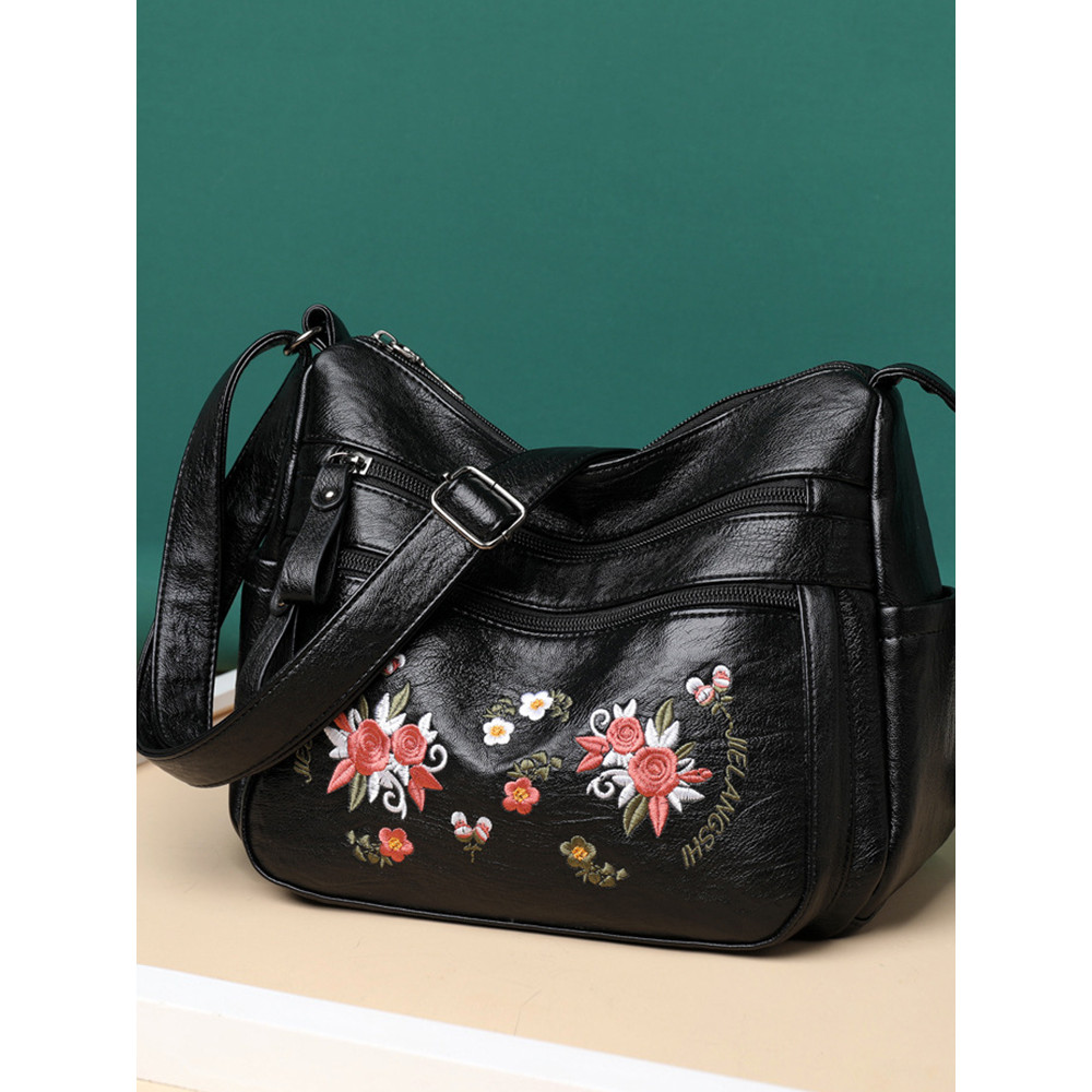 Floral Embroidered Soft Leather Crossbody Bag