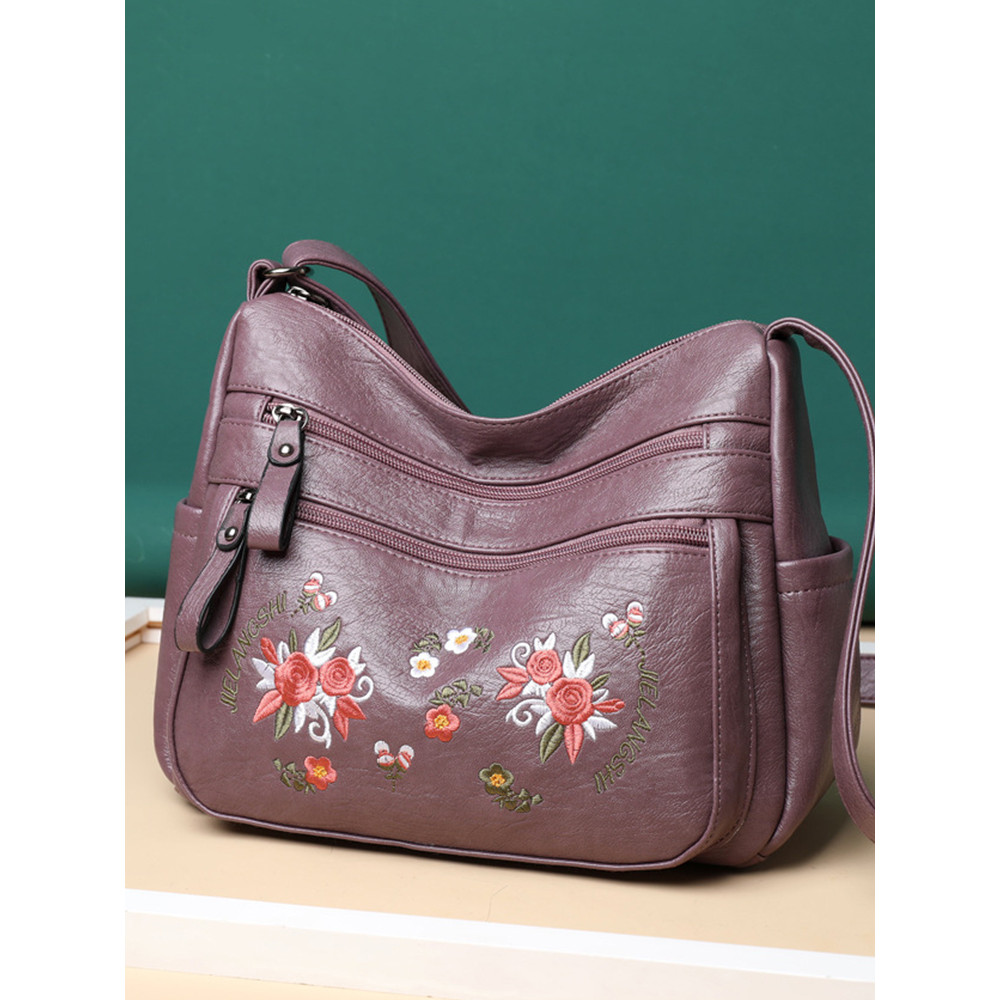 Floral Embroidered Soft Leather Crossbody Bag