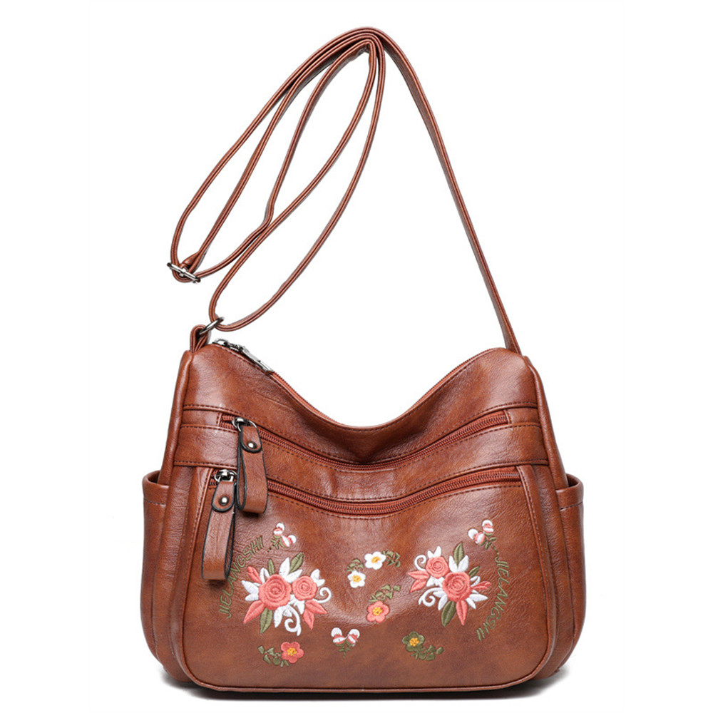 Floral Embroidered Soft Leather Crossbody Bag