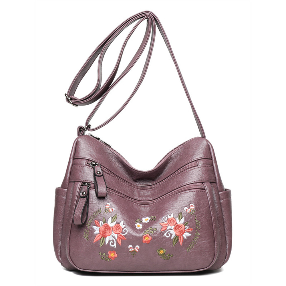 Floral Embroidered Soft Leather Crossbody Bag