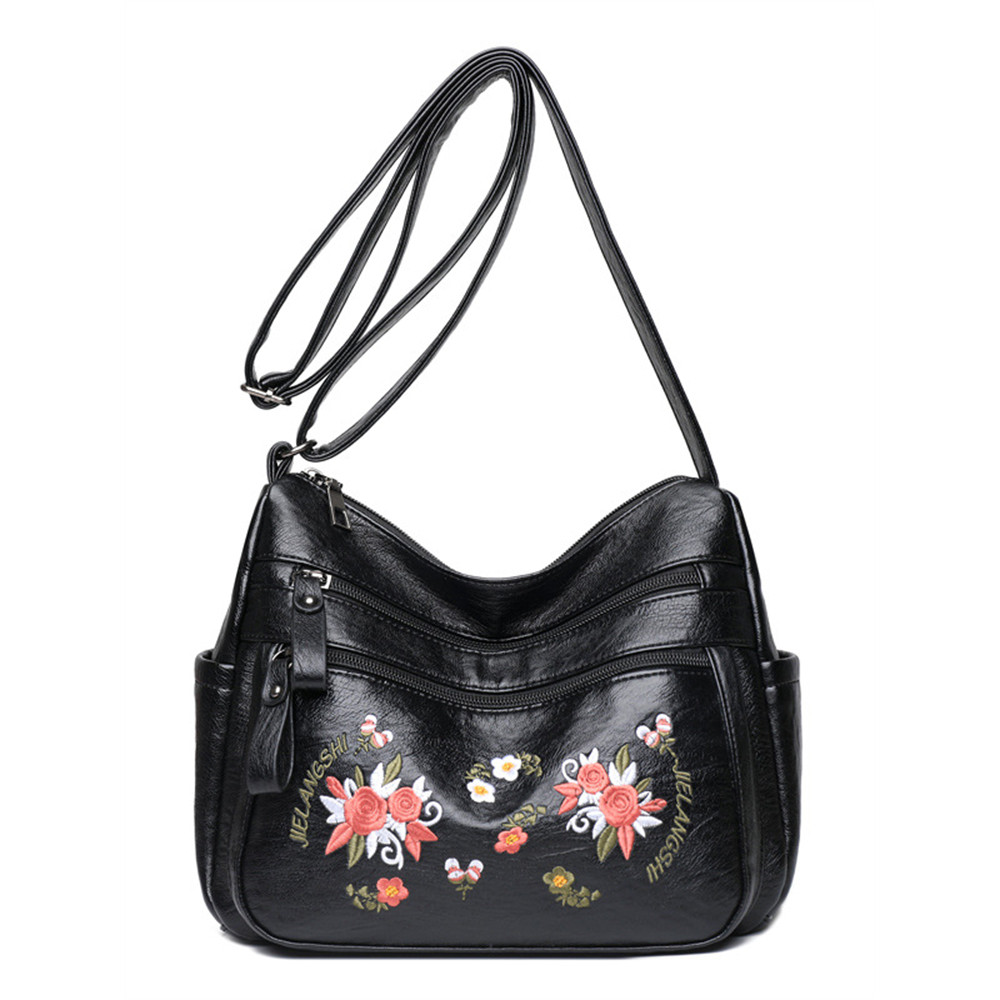 Floral Embroidered Soft Leather Crossbody Bag