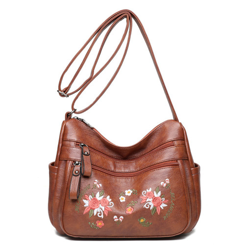 Floral Embroidered Soft Leather Crossbody Bag