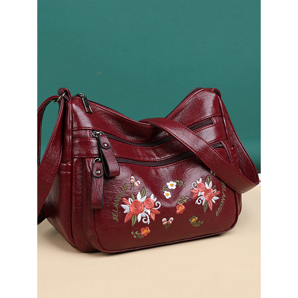 Floral Embroidered Soft Leather Crossbody Bag