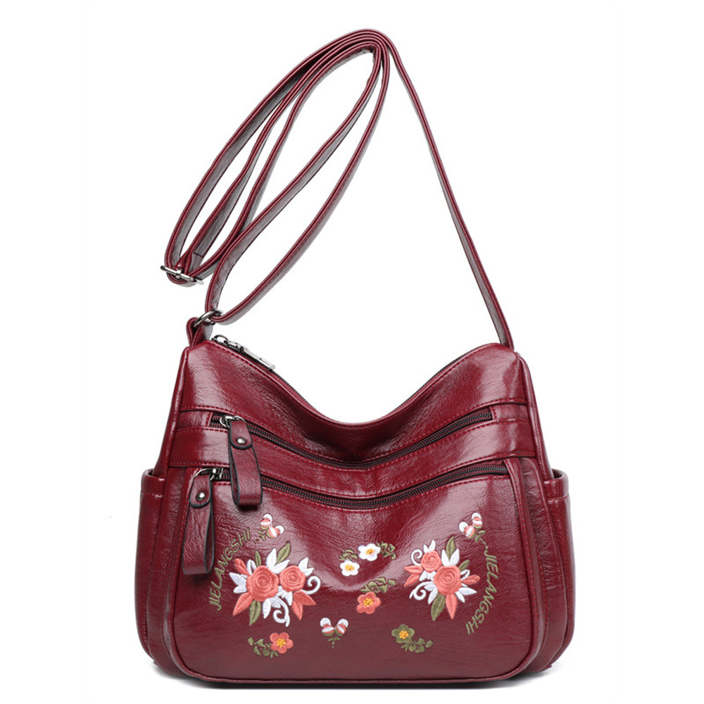Floral Embroidered Soft Leather Crossbody Bag