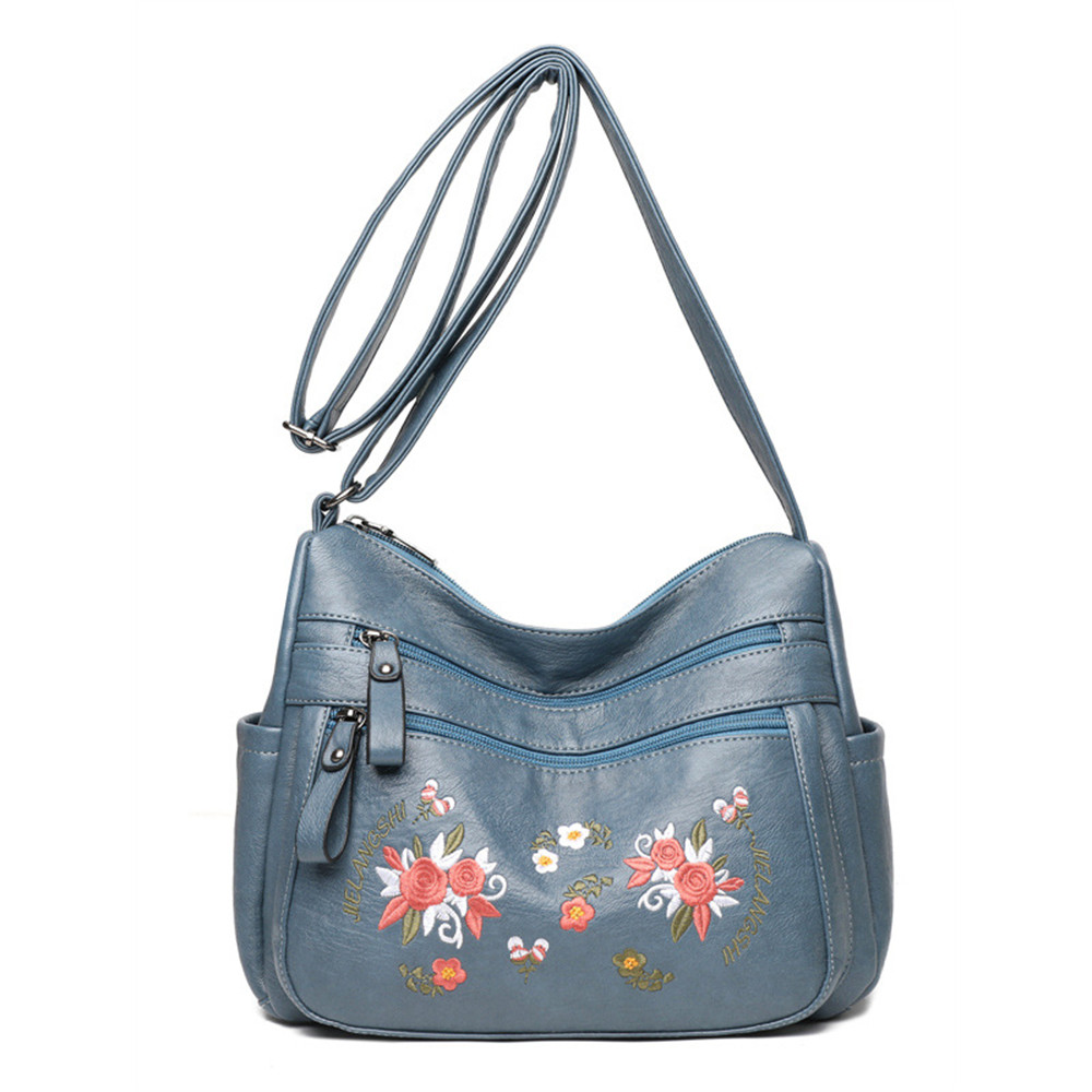 Floral Embroidered Soft Leather Crossbody Bag