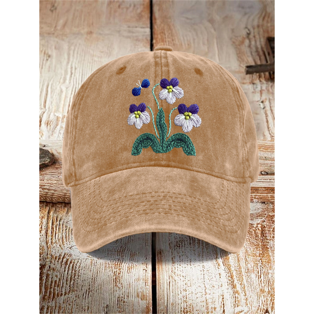 Floral Embroidery Pattern Washed Hat