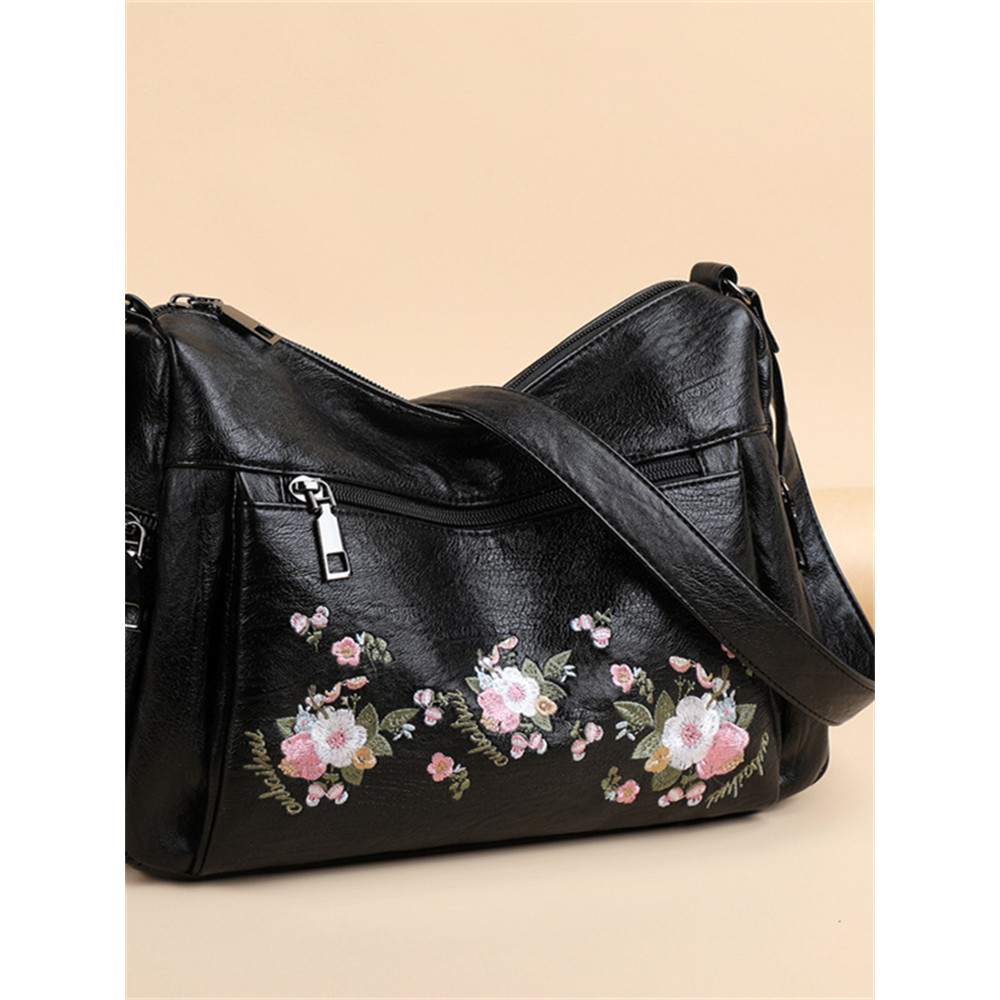 Flowers Embroidered Soft Leather Utility Bag