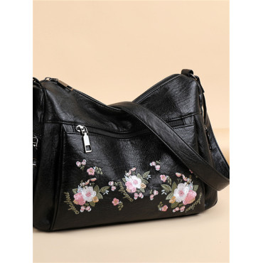 Flowers Embroidered Soft Leather Utility Bag