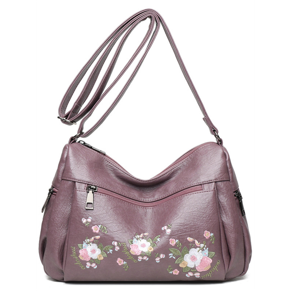 Flowers Embroidered Soft Leather Utility Bag