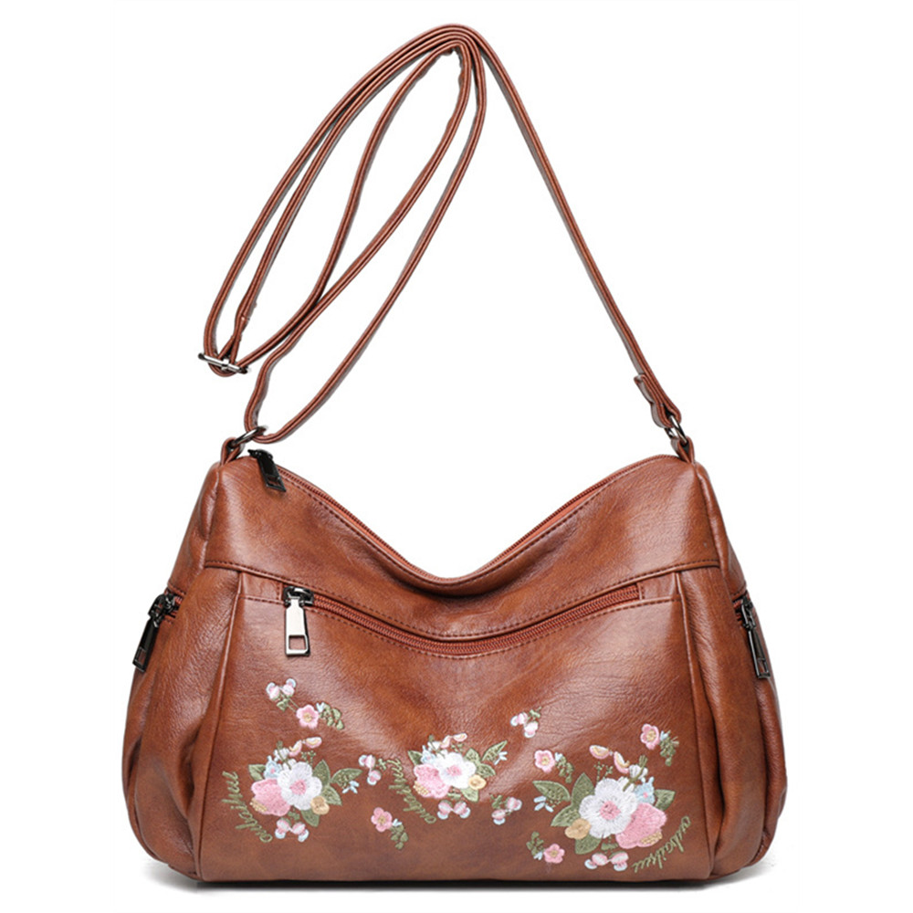 Flowers Embroidered Soft Leather Utility Bag