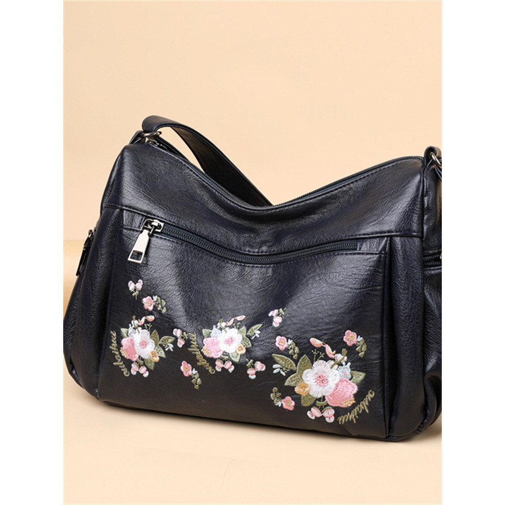 Flowers Embroidered Soft Leather Utility Bag