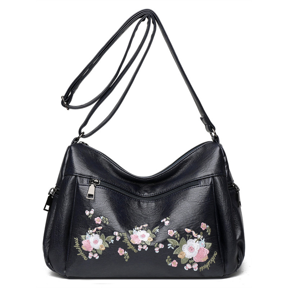 Flowers Embroidered Soft Leather Utility Bag