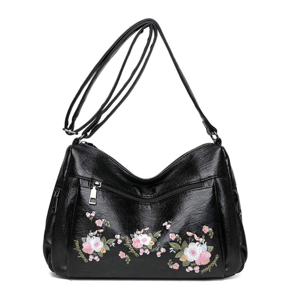 Flowers Embroidered Soft Leather Utility Bag