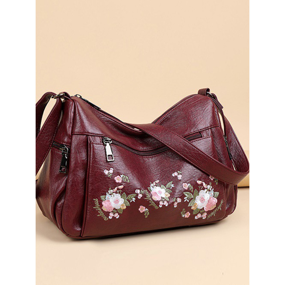 Flowers Embroidered Soft Leather Utility Bag