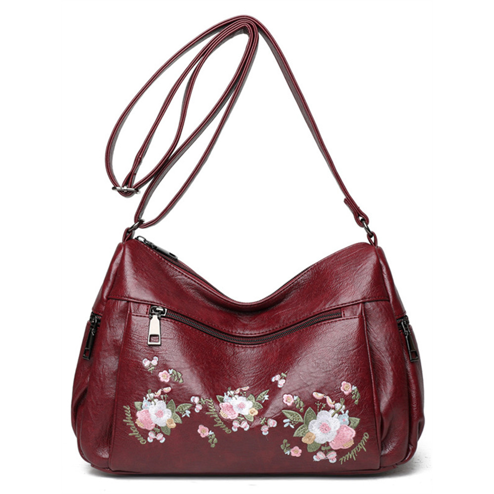Flowers Embroidered Soft Leather Utility Bag