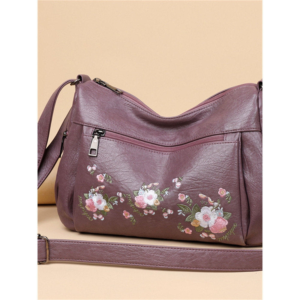 Flowers Embroidered Soft Leather Utility Bag