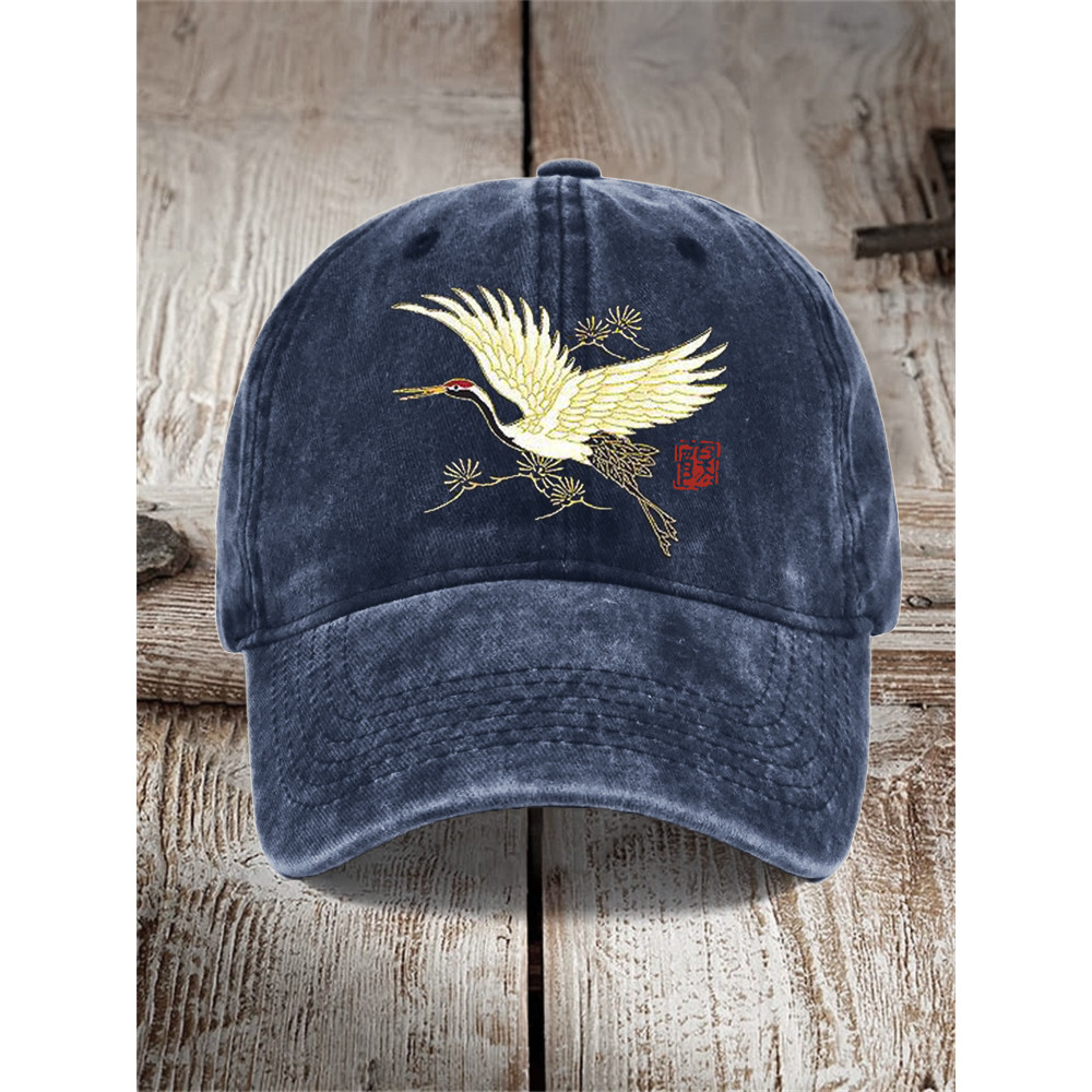 Flying Crane & Pine Trees Japanese Art Washed Cap