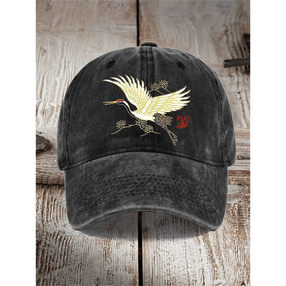 Flying Crane & Pine Trees Japanese Art Washed Cap