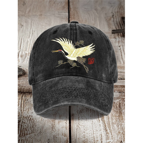 Flying Crane & Pine Trees Japanese Art Washed Cap