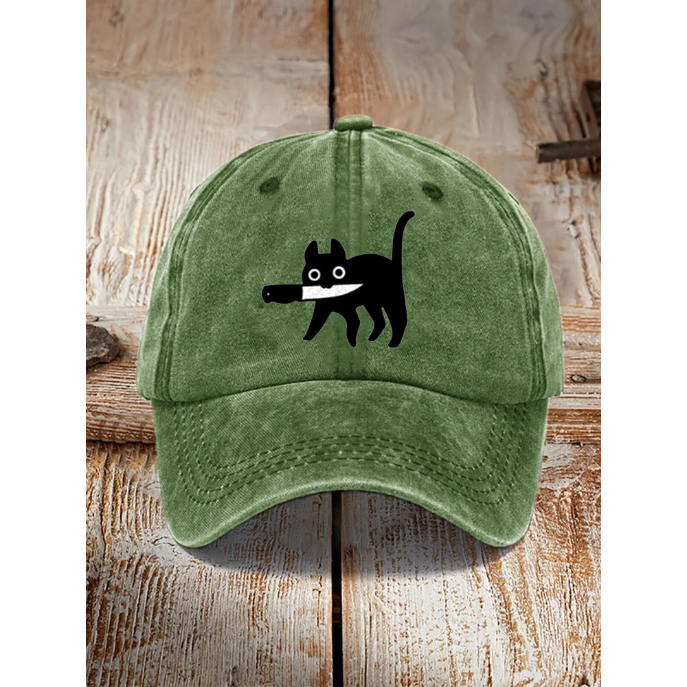 Funny Black Cat Print Washed Hat