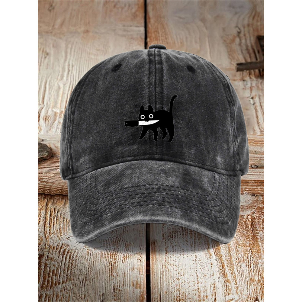 Funny Black Cat Print Washed Hat