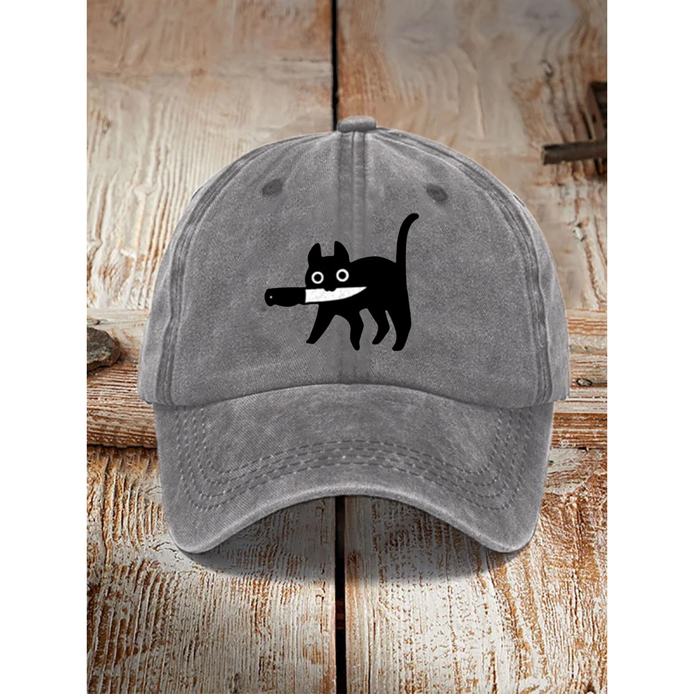 Funny Black Cat Print Washed Hat