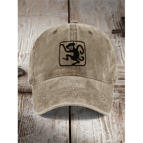 Funny Monkey Zodiac Lino Art Washed Cap