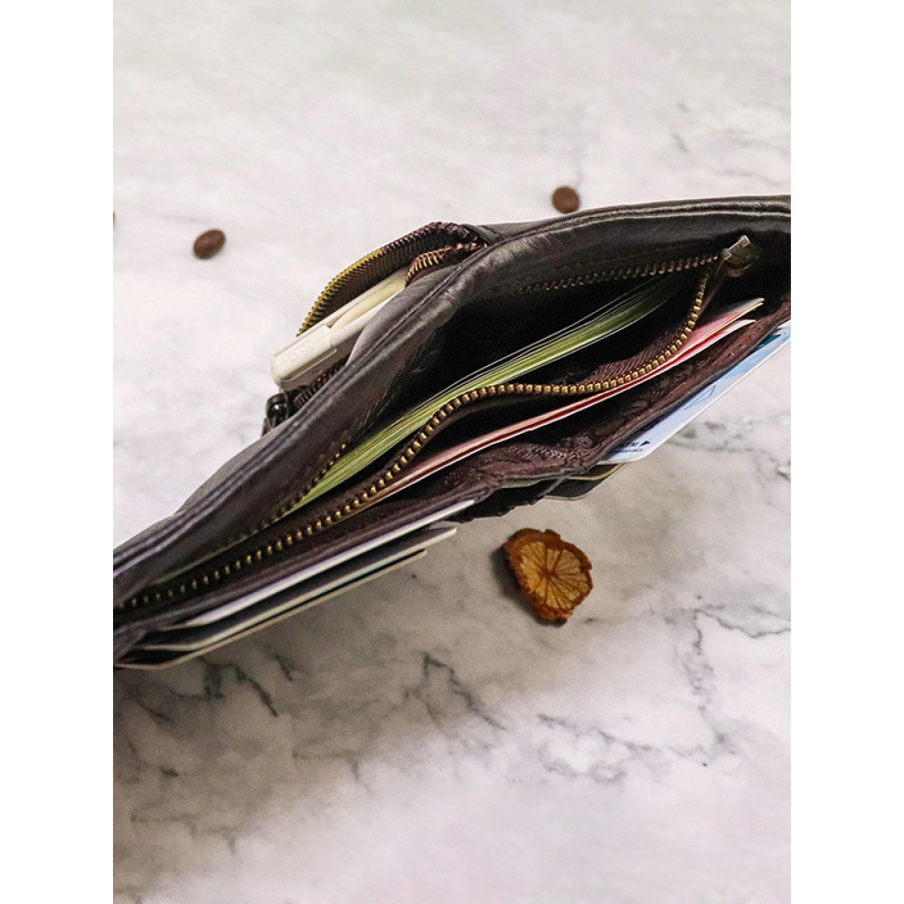 Hand-Rubbed Distressed Pleated Vegetable Tanned Leather Multi-Card Wallet