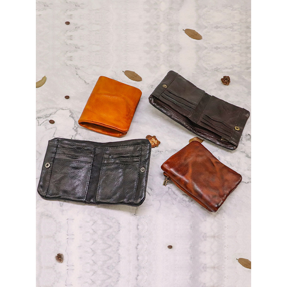 Hand-Rubbed Distressed Pleated Vegetable Tanned Leather Multi-Card Wallet