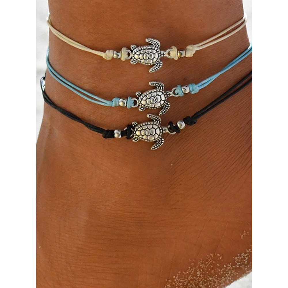 Hand Woven Antique Silver Turtle Anklet