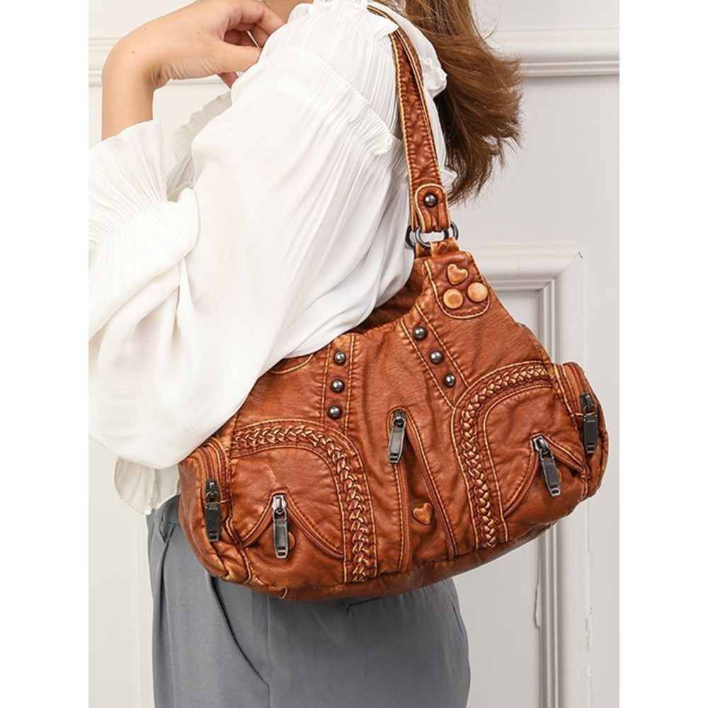 Heart Studded Zippers Washed Leather Bag