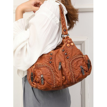 Heart Studded Zippers Washed Leather Bag