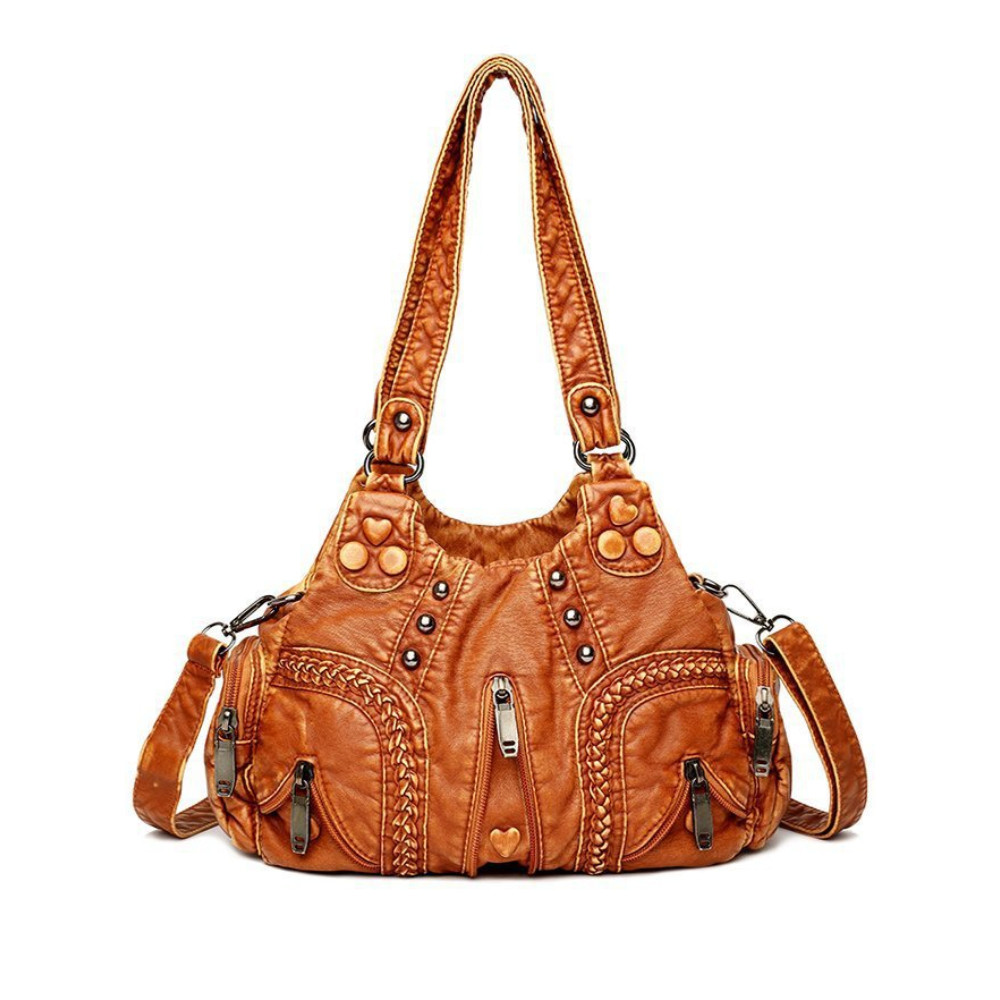 Heart Studded Zippers Washed Leather Bag