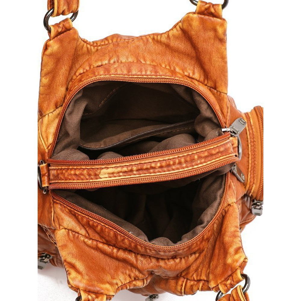 Heart Studded Zippers Washed Leather Bag