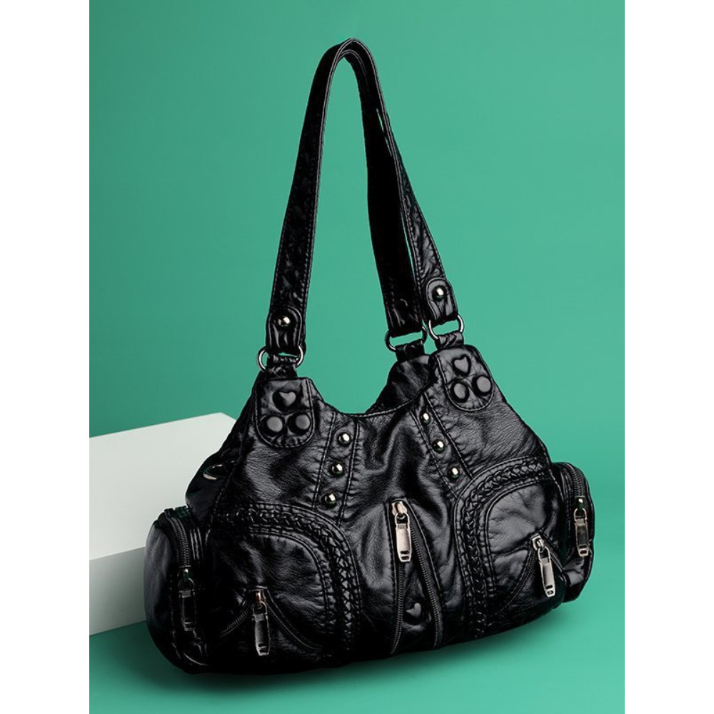 Heart Studded Zippers Washed Leather Bag