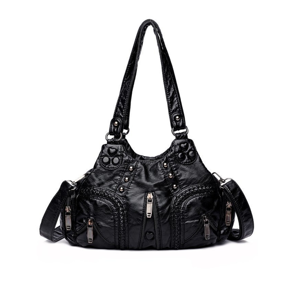 Heart Studded Zippers Washed Leather Bag