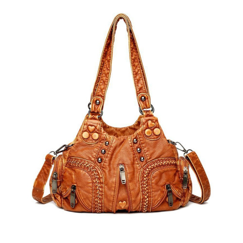 Heart Studded Zippers Washed Leather Bag