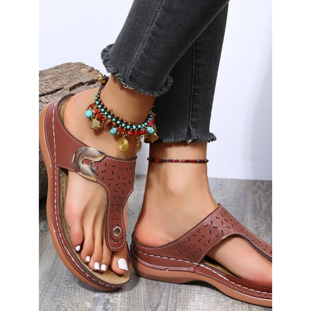 Hollow Carving Soft Leather Flip Flops