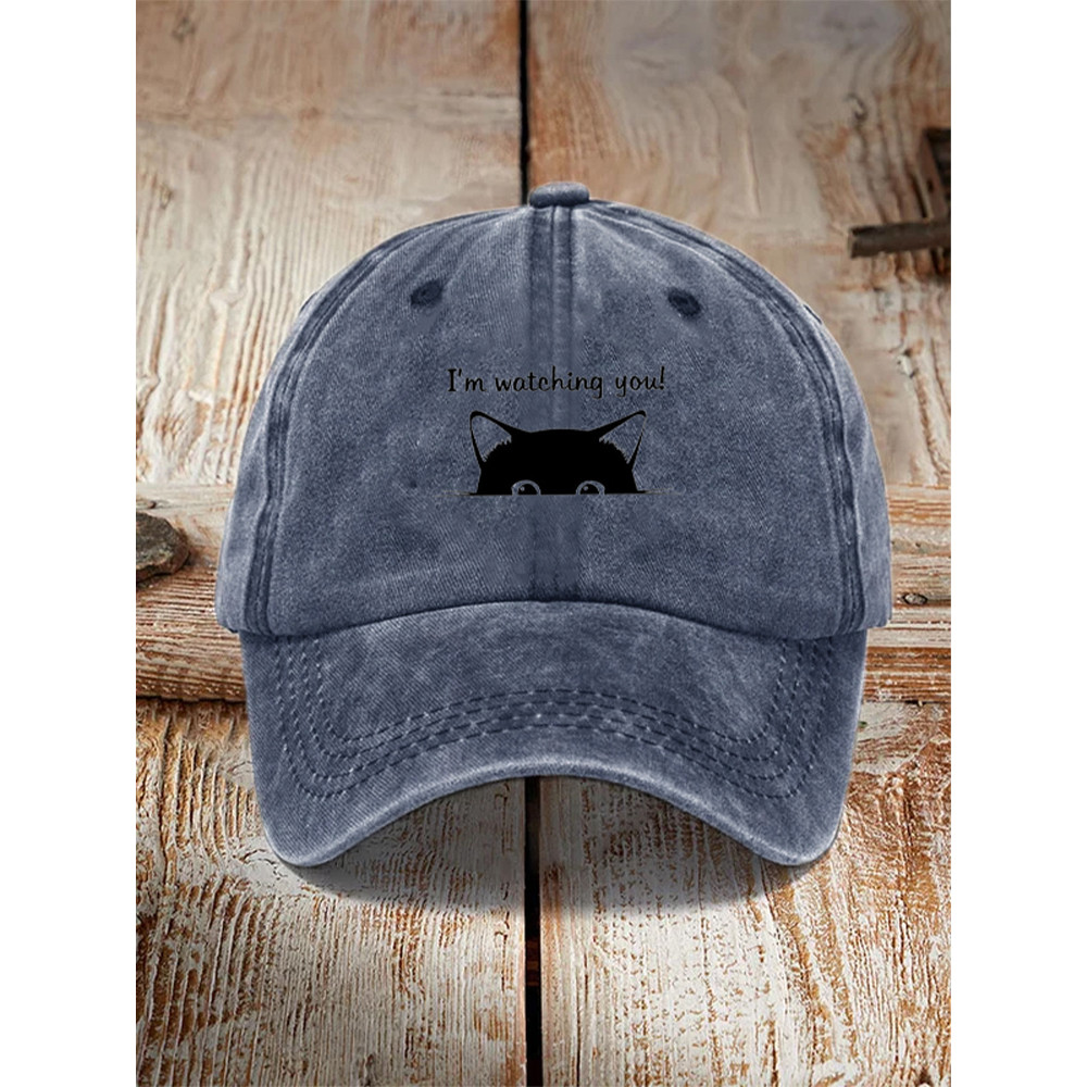 I'm Watching You! Black Cat Print Washed Hat