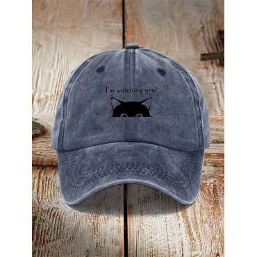 I'm Watching You! Black Cat Print Washed Hat