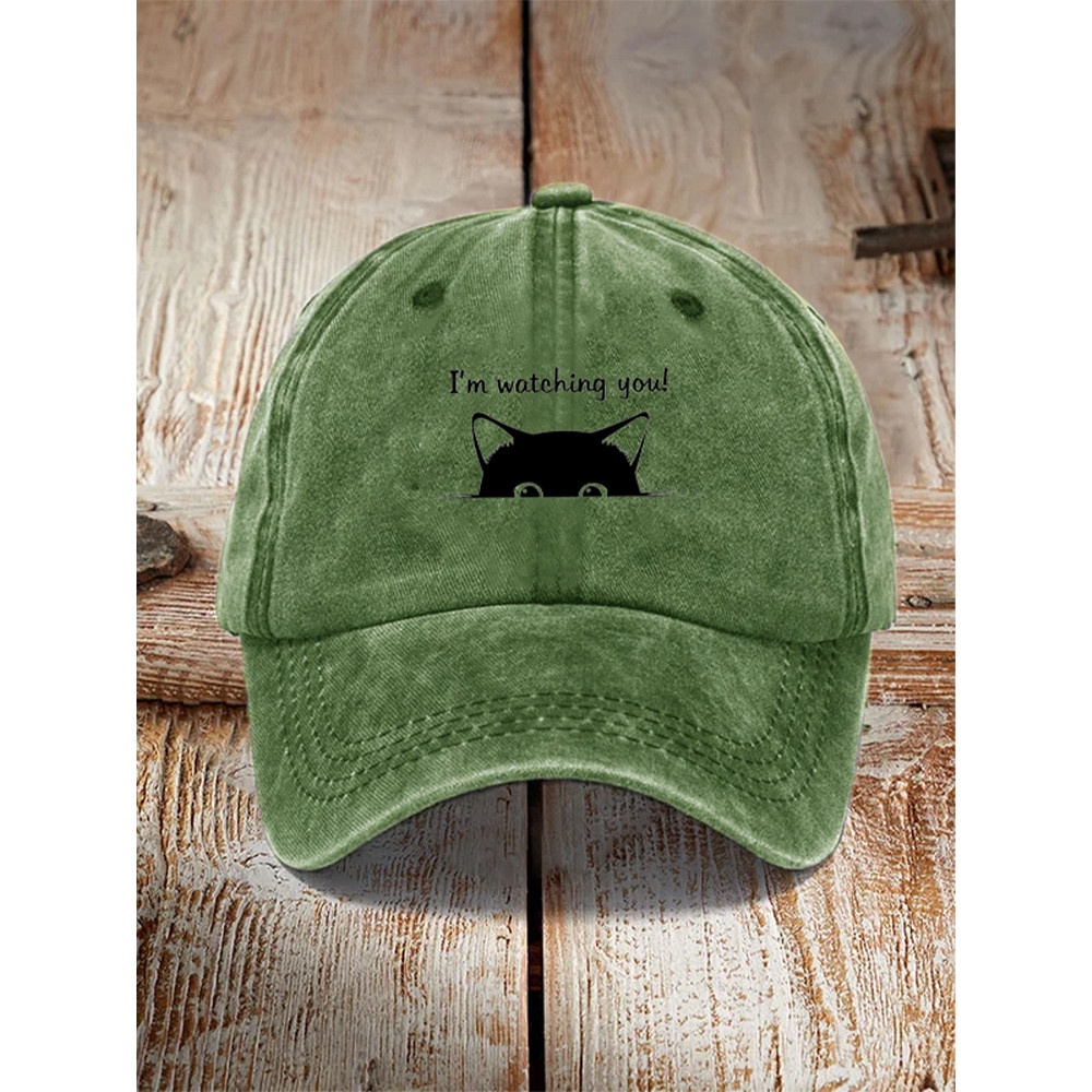 I'm Watching You! Black Cat Print Washed Hat